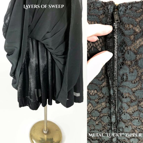 VINTAGE 50s 60s Black Sheer Lace and Chiffon Taffeta Party Dress VFG - Picture 7 of 9